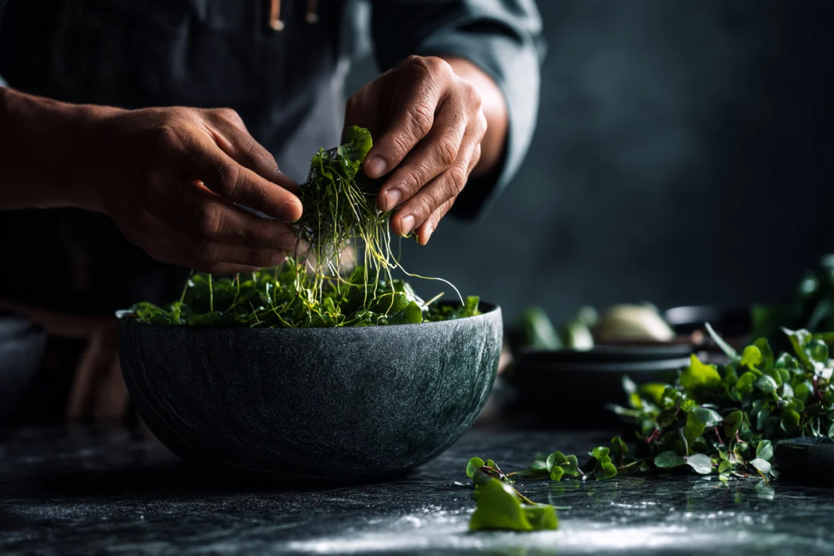 Chef a preparar ervas aromáticas frescas numa tigela de pedra, simbolizando ingredientes naturais e cozinha saudável de qualidade.